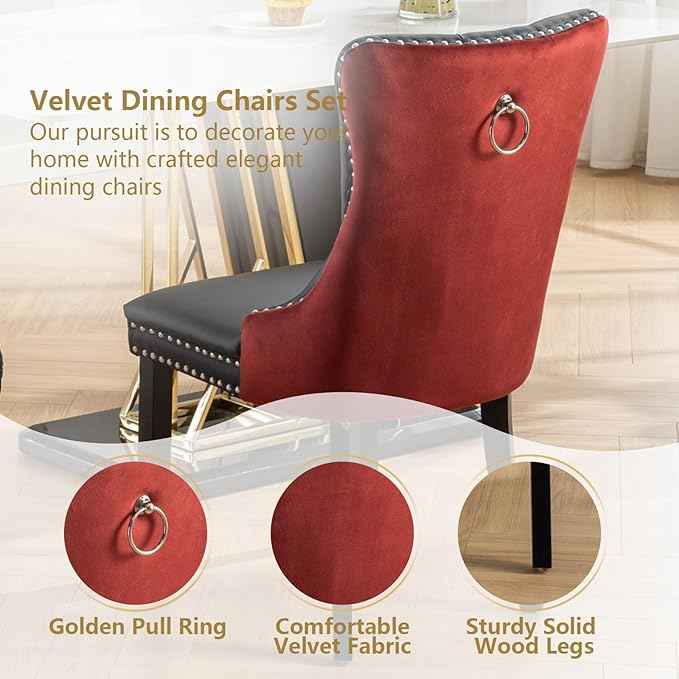 Dining Chairs Set of 6, Upholstered Dining Room Chairs with Back Ring Pull Trim and Solid Wood Legs, Modern Tufted Kitchen Chairs Perfect for Dining Room, Black Pu Leather Splicing WineRed Velvet
