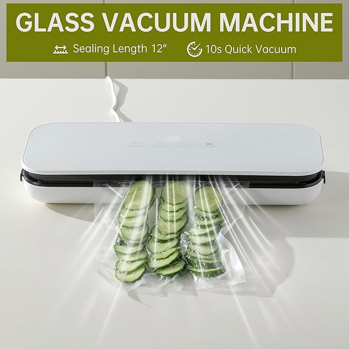 THETCHRY Vacuum Sealer For Food,6-In-1 Food Sealer Machine with 20 Large Vacuum Bags,Built-In Water Tank&Cutter,Powerful Low- Noise Food Saver with Glass Touch Screen,White