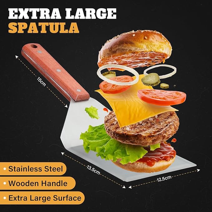 PURPLEBIRD Extra Large Grill Spatula Set Stainless Steel Smash Burger Spatula Kit, 5.5 x 5 inch BBQ Griddle Spatula and Grill Scraper, Griddle Tools, Grill Utensils for Dad