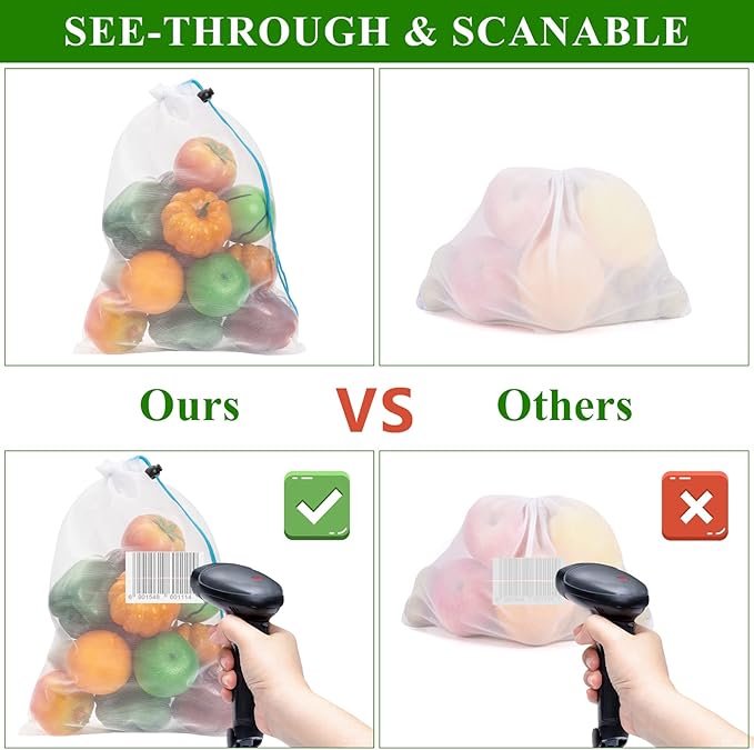 Set of 12 Washable Mesh Produce Bags - 12 Small Red (8"x12") See-Through Mesh Bags for Storage, Fruit, Vegetable, Toy
