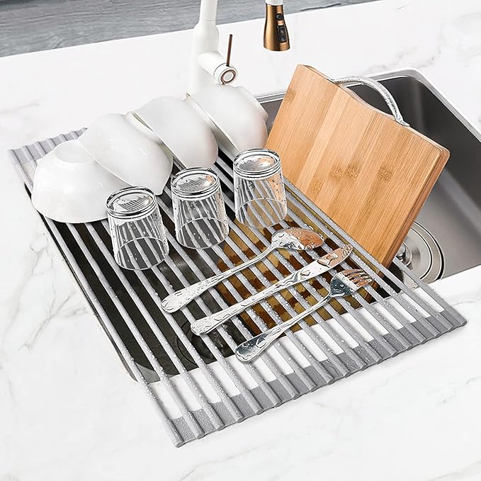MERRYBOX Roll Up Dish Drying Rack, Over The Sink Dish Rack Foldable, Heat-Resistant, Anti-Slip Silicone Coated Dish Drainer for Kitchen Counter, Large & Multipurpose Sink Drying Rack, 20.5" x 13.1"