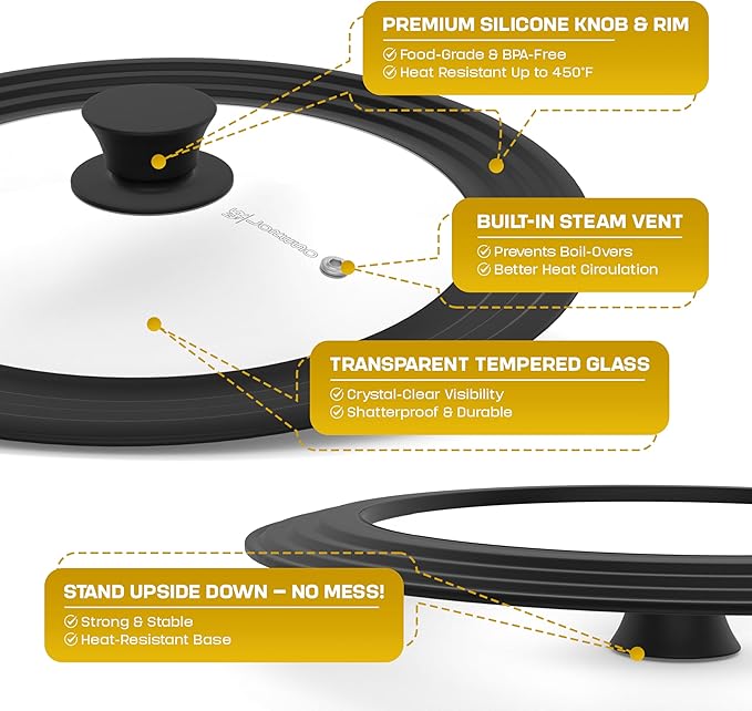 LSR Loreso Universal Pan Lid for Pots Pans and Skillets 7.5-11.5 Inch - Tempered Glass Pot Lid Set with Auto-Sizing Silicone Rim, 2 Pack Black