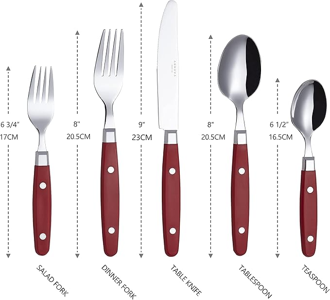 ANNOVA Silverware Set, Retro/Rivet Colorful Stainless Steel Tableware Kitchen Flatware Set Utensils, Includes Dinner Knives, Forks, Spoons, Salad Forks & Dessert Spoons (Red, 20 Pieces)