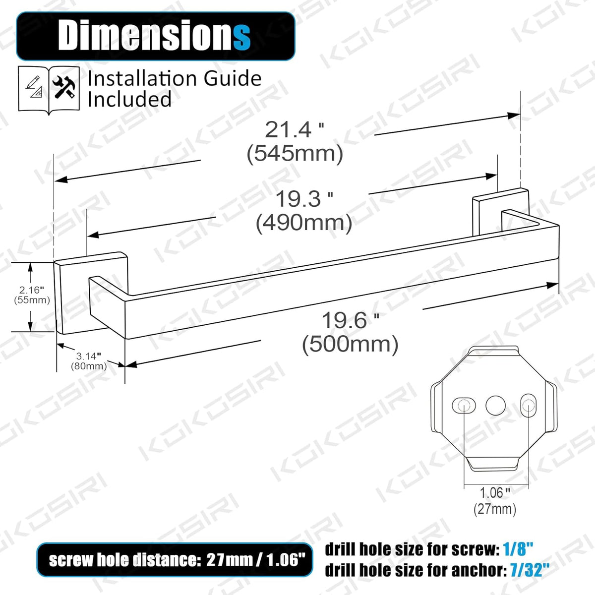 KOKOSIRI 20-Inch Single Towel Bar, Bathroom Kitchen Towel Holder, Wall Mounted SUS304 Stainless Steel Towel Rack, Matte Black, B4003BK-L20