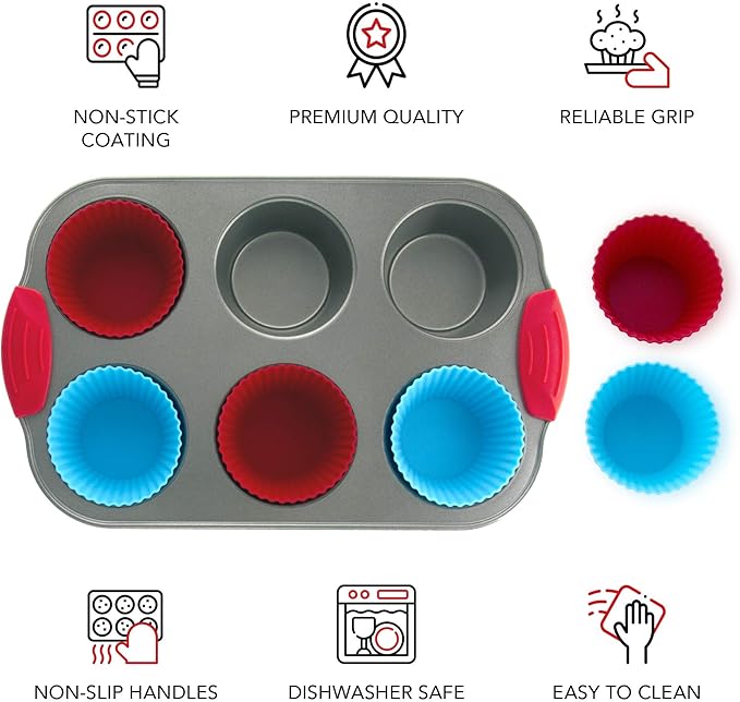 Duo: Non-Stick Steel 6-Cup Muffin Pan with Silicone Handles & Reusable Liners + Premium 11x14 Inch Non-Stick Baking & Cookie Sheet Pan.