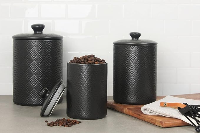 10 Strawberry Street Embossed Marquis Ceramic Kitchen Canister Set, Set of 3, Matte Black