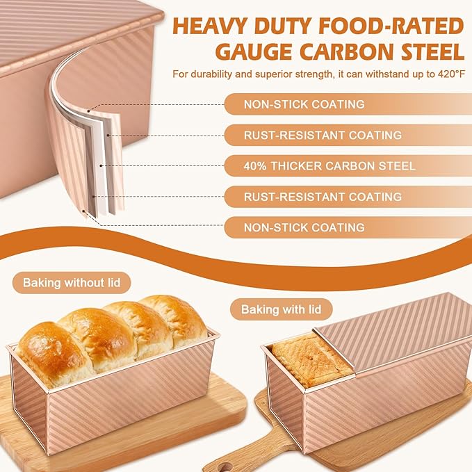 2Pack Loaf Pans with Lids – 2.2 LB & 1 LB Dough Capacity, Non-Stick Carbon Steel Bread Pans for Homemade Sandwich and Sourdough Bread, Corrugated Toast Mold