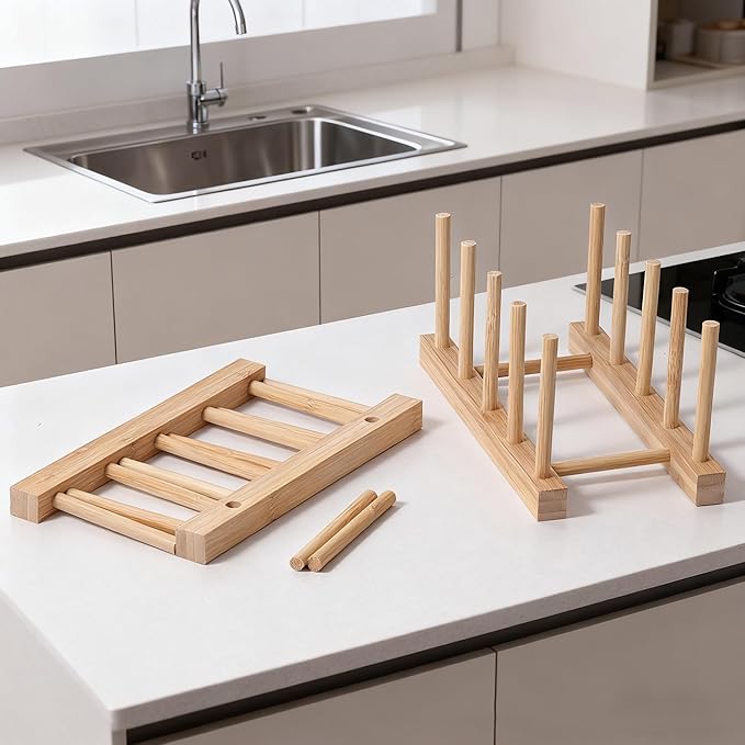 Kunovo Bamboo Dish Rack,Pot lid/Plate/Cutting Board Organizer for Kitchen cabinets,Bottle Drying Holder… (4G)