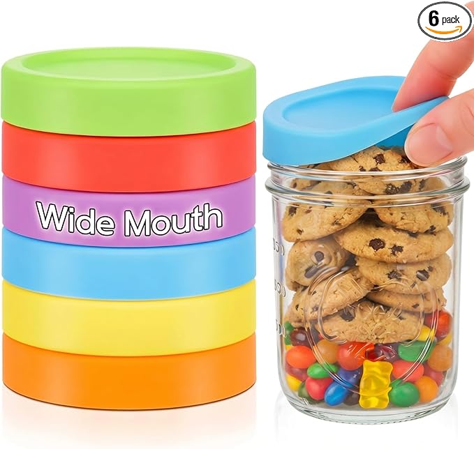 Teenyyou 6 Pcs Silicone Wide Mouth Lids Mason Jar Lids Thickened Leak Proof Lid for 86 mm All Wide Mouth Mason Jars, Reusable Large Canning Jar Caps Housewarming Gift (Classic)