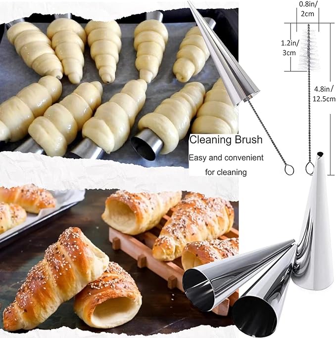 Cream Horn Molds, 16 Pack 5 Inch Pastry Roll Molds with Piping Bags Reusable, Cleaning Brush, Long Cream Icing Piping Nozzle Baking Accessories Tool for Mum and Baker