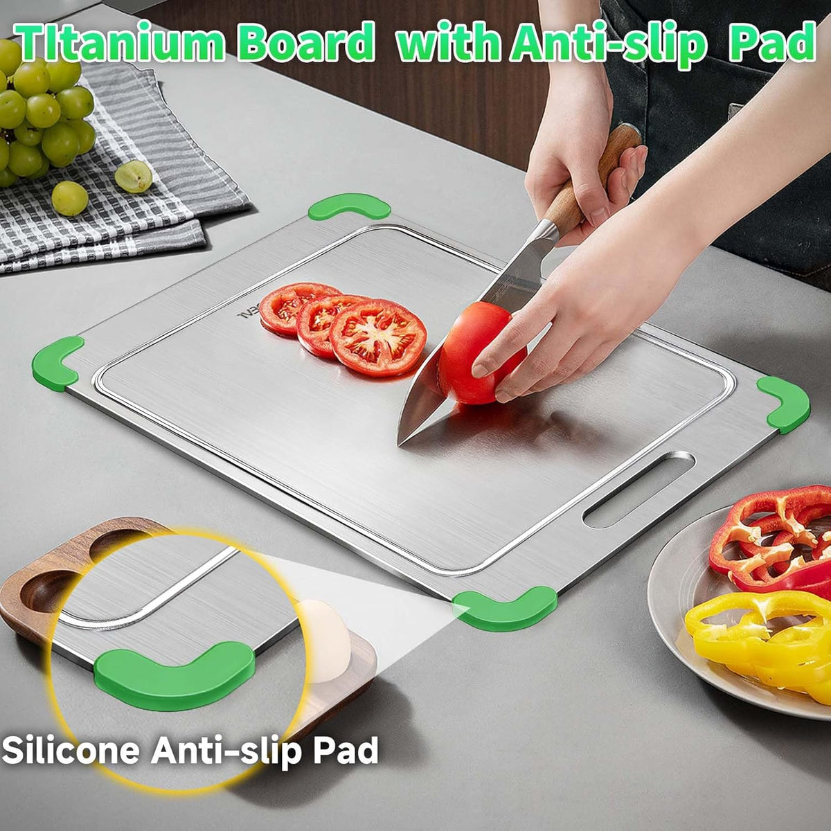 100% Pure Titanium Cutting Board with Grooves, Update Double Side Titanium Chopping Board, Silicone Anti-slip Stainless Cutting Boards for Kitchen 8 * 12 IN, Green