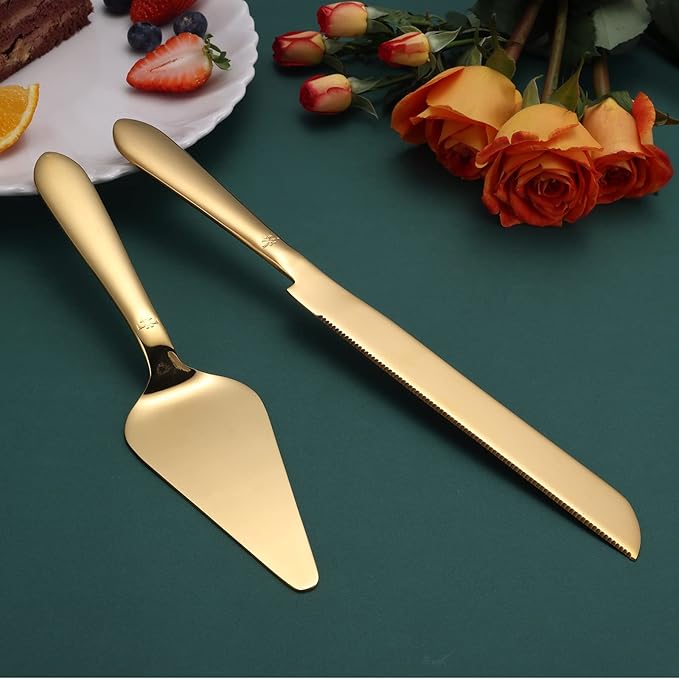 Eisinly Cake Cutting Set for Wedding, Elegant Cake Knife and Server Set with Thickened Stainless Steel Rounded Edges, Cake Cutter Pie Spatula for Birthday Anniversary, 2 Pcs, Gold