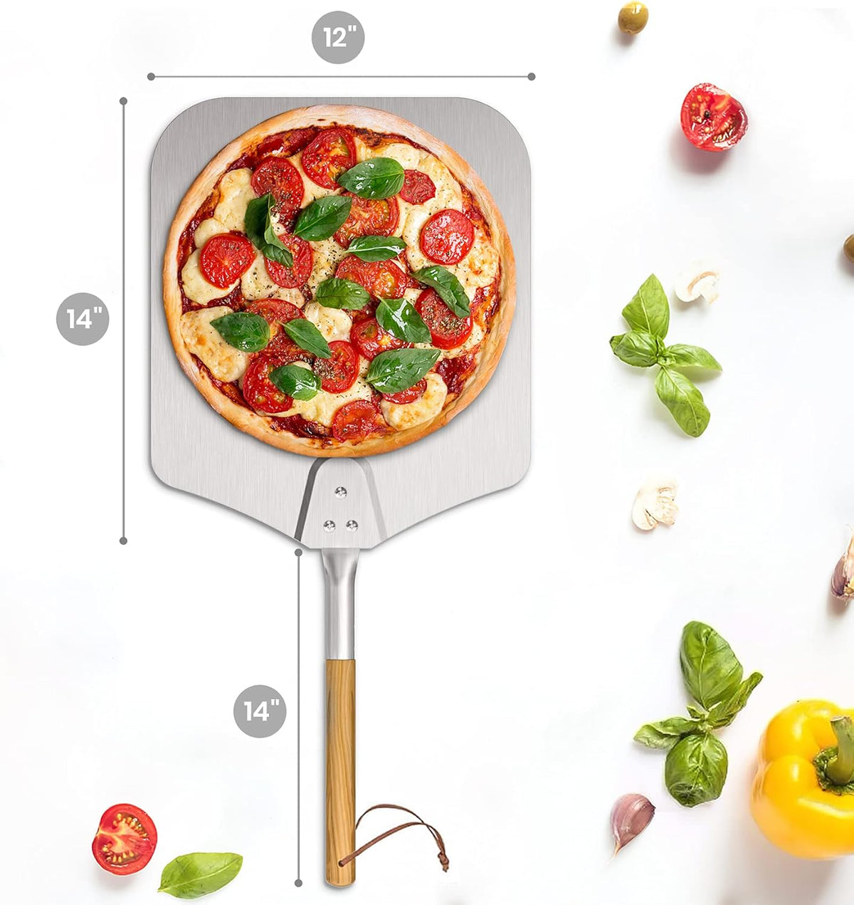 only fire Metal Pizza Peel with Wooden Handle for Indoor & Outdoor Grill Oven, 12 x 14 inch Pizza Baking Spatula Paddle for Baking Bread Pies, 28 Inch Long