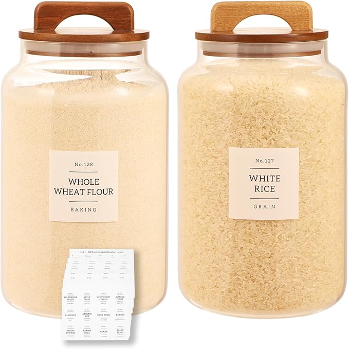 2 Pack Large Glass Flour and Sugar Containers with 132 Pantry Labels - 1 Gallon Glass Canisters with Bamboo Airtight Lids - Farmhouse Glass Cookie Jars for Rice, Pasta, Cereal, Bath Salt