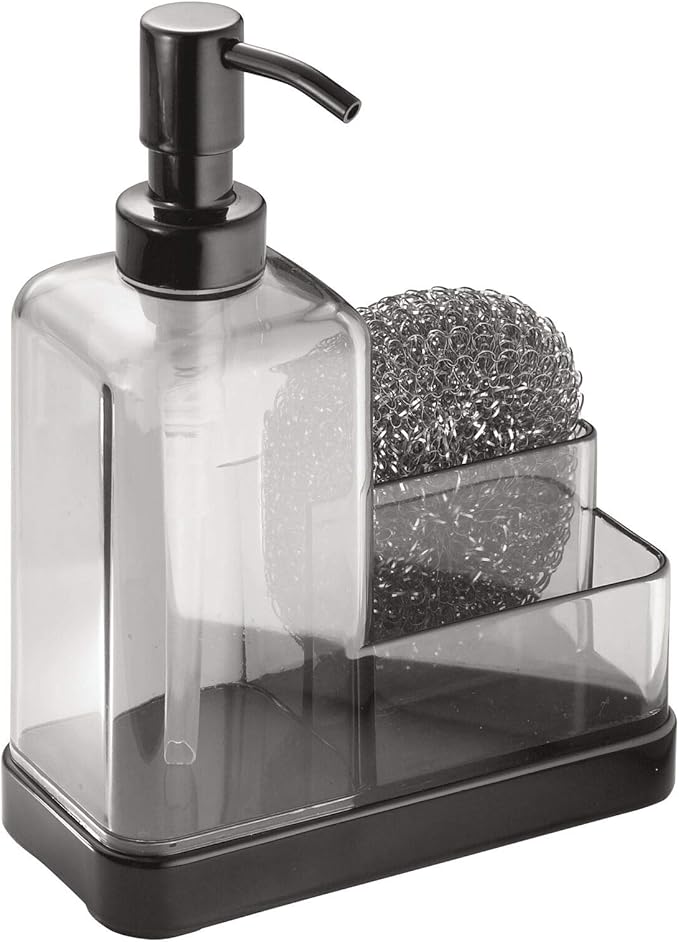 mDesign Soap Dispenser Pump with Sponge and Scrubber Organizer for Kitchen Countertops - Graphite/Matte Black