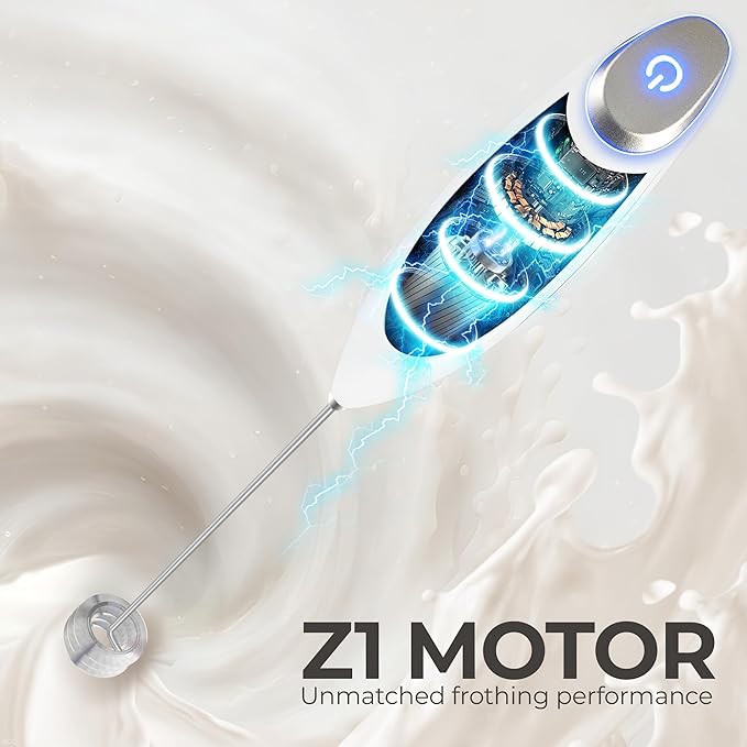 Zulay Kitchen Patented Tornado Triple Whisk Milk Frother with 4 Duracell Batteries – Handheld Foam Maker for Coffee, Lattes, Matcha & Hot Chocolate – Rich, Creamy Froth in Seconds - Blizzard White