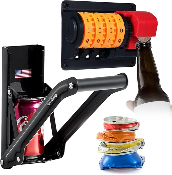 2-in-1 Can Crusher & Bottle Opener Set – Wall Mounted Aluminum Can Crusher for 12 & 16 Oz Cans with Mounting Hardware – Built-In Beer Bottle Opener with Digital Counter – Man Cave, Kitchen, Bar Gift