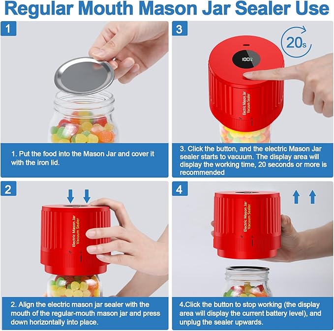 LOVE MOMENT Electric Mason Jar Vacuum Sealer Kit for Wide Mouth and Regular Mouth Mason Jar - Red
