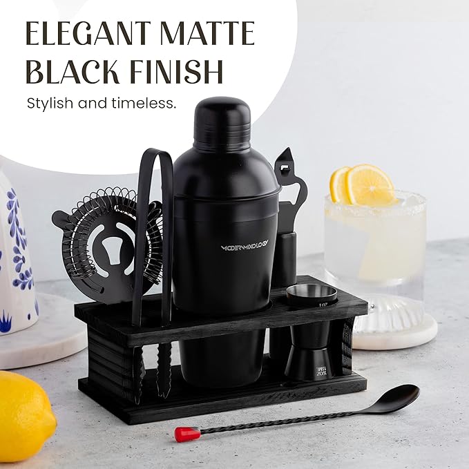 Modern Mixology Cocktail Shaker Set - Bartender Kit with Pine Stand | Leak-Proof Design | Includes Martini Shaker, Jigger, Strainer, Spoon, Tongs | Perfect Bar Tools Gift for Home Mixology (Black)