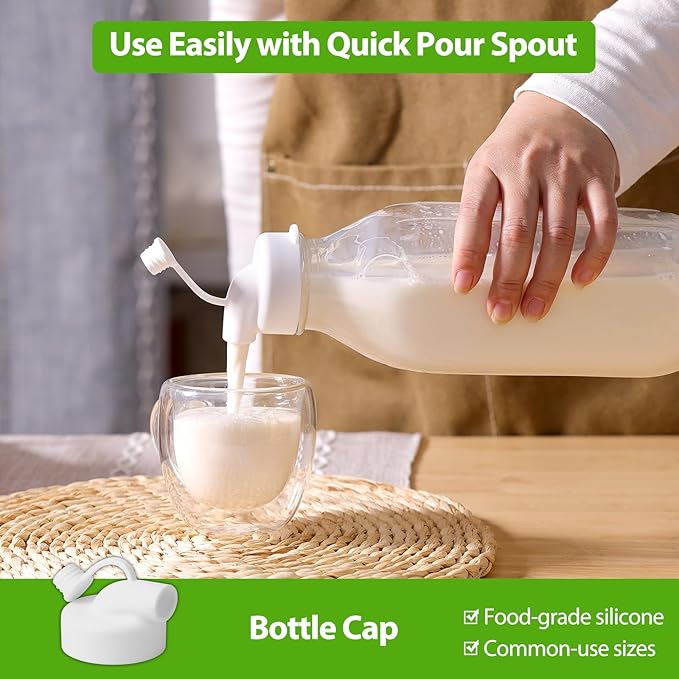 CUCUMI Moretoes 32 Oz Glass Milk Bottle with Reusable Strong Airtight Screw Lid, Reusable Glass Juice Bottles, Water Jug Breast Milk Pitcher, Buttermilk, Nut, Juice, Syrup, Coffee Creamer (4 Pack)