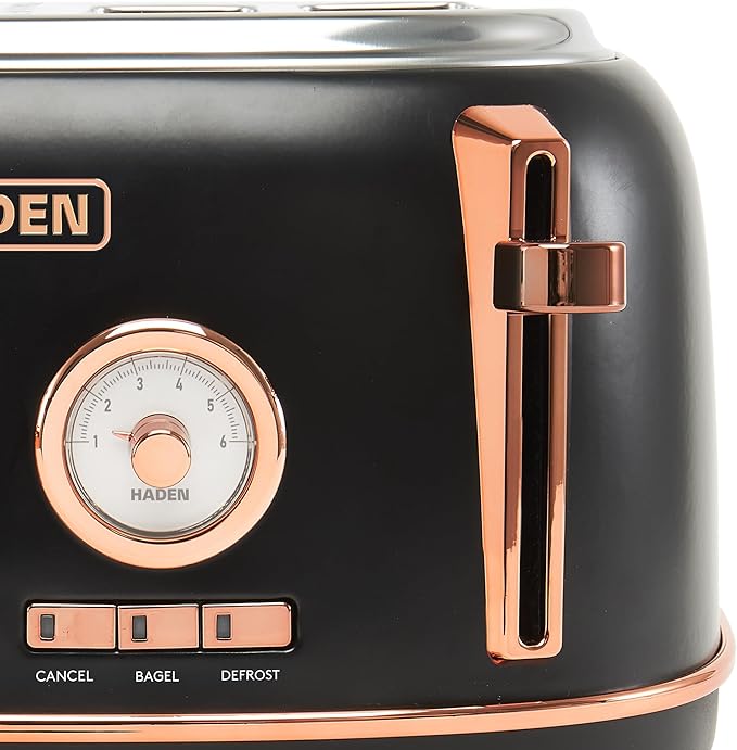 Haden Dorset 4 Slice Wide Slot Stainless Steel Toaster with Adjustable Browning Control & Non-Slip Feet, Black & Copper