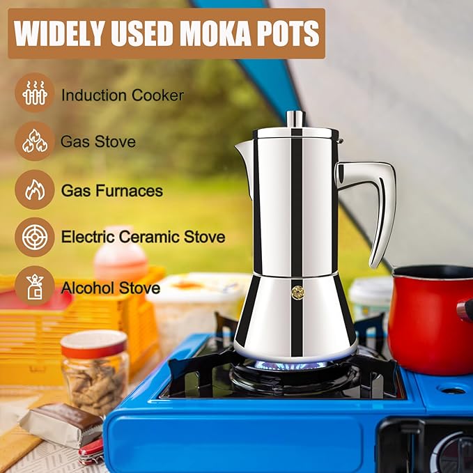 2 Cup Thickened 304 Stainless Steel Moka Pot Stovetop Espresso Maker Cafeteras Italian Percolator Espress Makers Capable Greca Mocha Coffee Machine for Induction Home and Camping 100ml 3.4oz