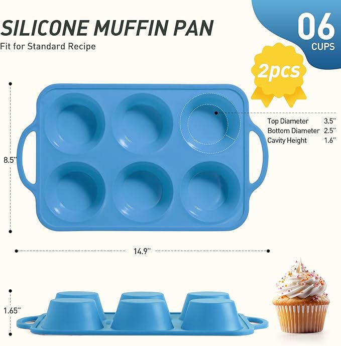 Socisen 2 Packs 6 Cups Silicone Muffin Pan with Metal Reinforced Frame Jumbo Size Cupcake Pan Tray Egg Bites Silicone Molds Muffin Tin Tart Pans Bundt Pan Reposteria Accesorios Moldes Para Pasteles