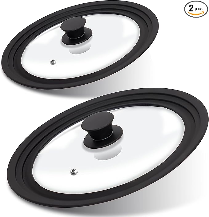Lerykin Tempered Glass Lid Set of 2 - Universal Lids with Heat Resistant Silicone Rim for Pots, Pans and Skillets - Pan Cover Replacement Lids Fit 6.5", 7", 8" and 9.5", 10", 11" Diameter Cookware
