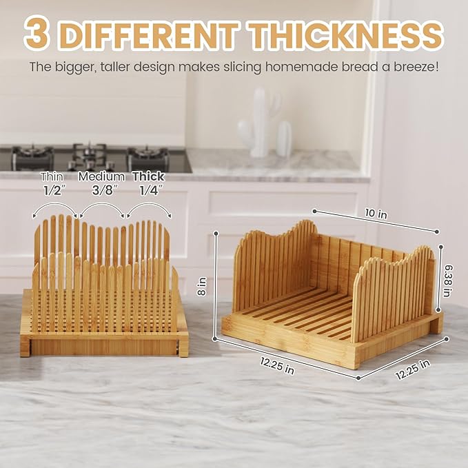 Gobam Adjustable Bamboo Bread Slicer, Fits Bread up to 6.4”H & 10”W, Extra-Large & Tall Design for Sourdough & Homemade Loaves, 3 Thickness Settings, Crumb Tray, Foldable, Ideal Gift for Bread Lovers