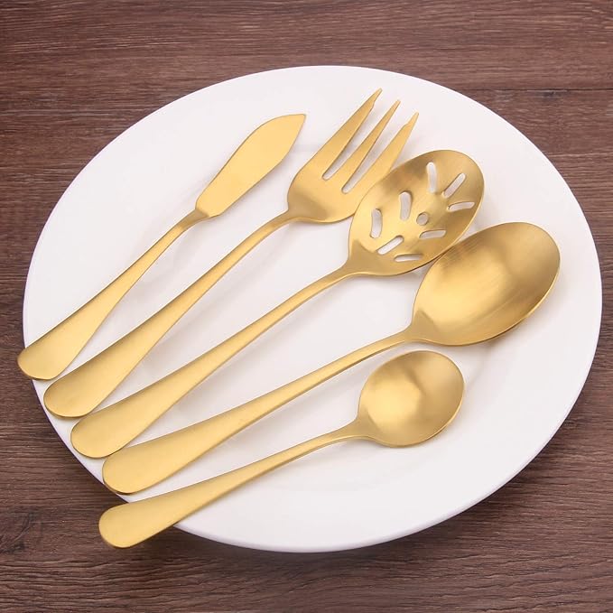 Matte Gold Serving Set，SHARECOOK 5-Piece 18/0 Stainless Steel Large Hostess Set with Round Edge, Satin Finished, Dishwasher Safe -Spoons, Forks,Butter Knife& Slotted Spoon