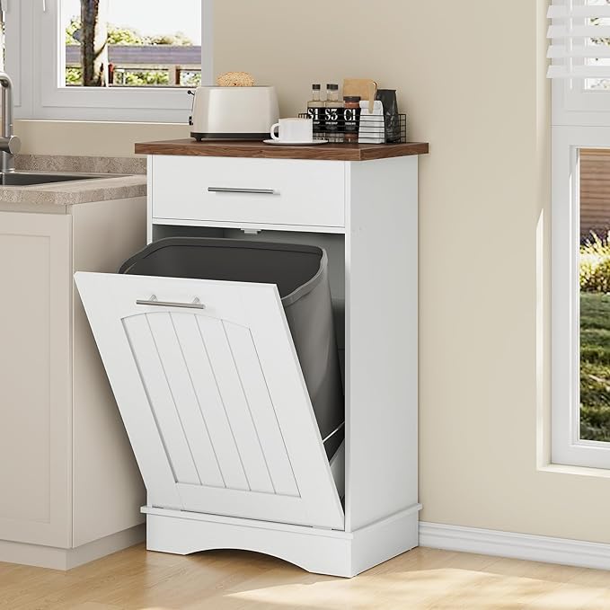 HOOBRO 10 Gallon Tilt Out Trash Cabinet, Kitchen Trash Can,Trash Bin Storage, with Flip Door and Large Drawer, Hidden Laundry Hamper Cabinet, for Kitchen, Laundry, White and Walnut WH02LJ01