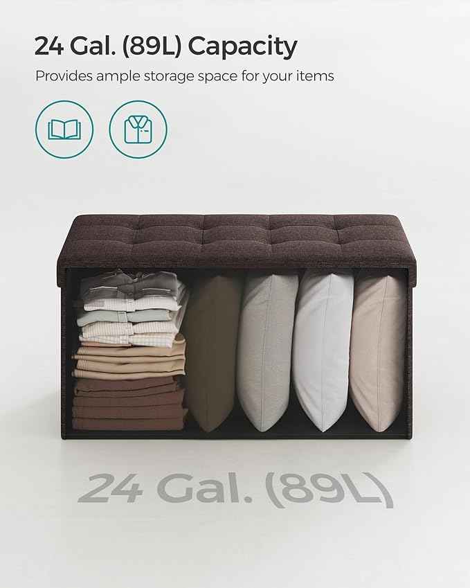 SONGMICS Mazie Collection - 30 Inches Folding Storage Ottoman Bench, Ottoman Foot Rest, End of Bed Bench, Storage Chest, Load 660 lb, for Living Room, Bedroom, Entryway, Brown ULSF047K02