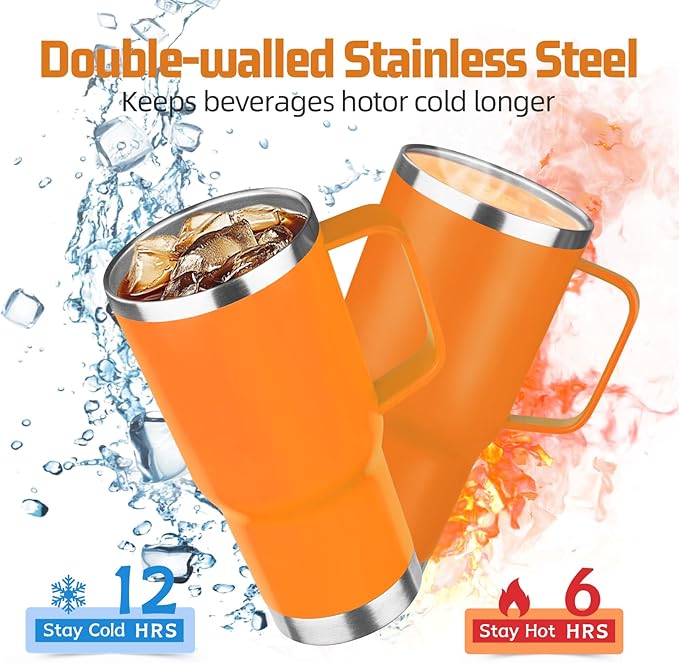 20 oz Tumbler with Handle Stainless Steel Insulated Coffee Mug Tumbler with Lid and Straw Double Wall Vacuum Insulated Coffee Mug Leak Proof Travel Tumbler for Hot and Cold Drink (Orange,1pack)