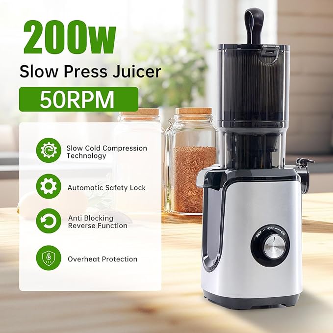 Cold Press Juicer, 92% High Nutrient Retention Slow Masticating Juicer with Wide 4.25" Chute & Reverse Function, Low Heat Oxidation, Easy Clean Quiet Motor, Silver
