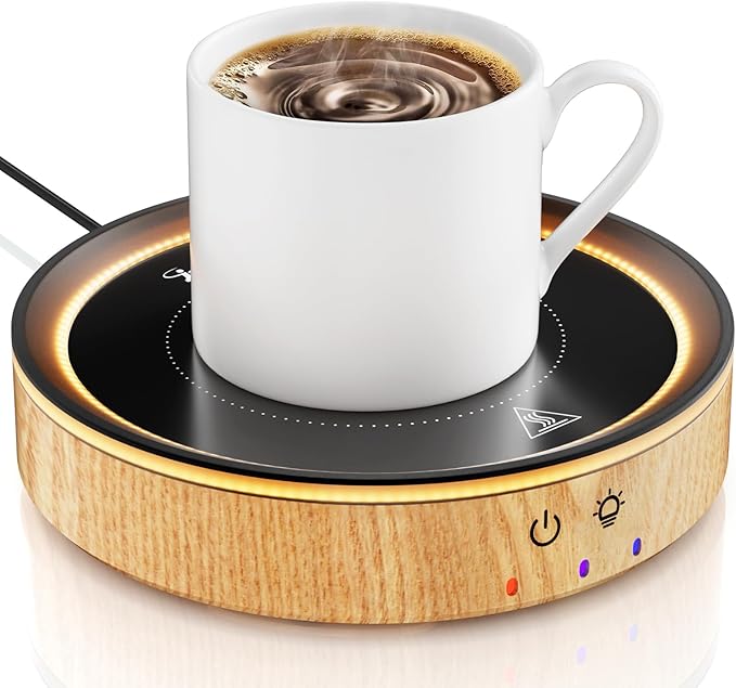 36W Mug Warmer, 3 Temperature Settings, Auto Shut Off (2-12H), Max 176°F, Wood Grain Design with Ambient Light,Ideal Gift for Home & Office (Wood Grain)