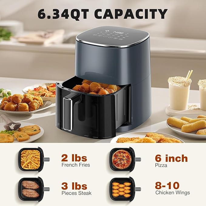 Hexago Air Fryer-6.34 QT Large Airfryer with Clear Window, 12-in-1 Air Fry, Roast, Reheat, Dehydrate, Bake, Steam with 400F, Touchscreen Controls, Gray