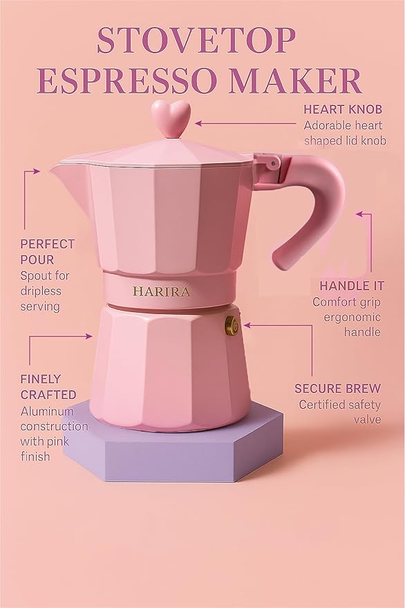HARIRA 9 Cup Stovetop Espresso Maker Italian & Cuban Style Coffee Pot, Durable Aluminum Moka Pot with Ergonomic Handle, Rich Aromatic Brew, Pink Coffee Maker for Home or Travel