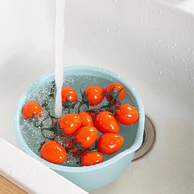 Set of 3 Mixing Bowls with Pour Spout-Nesting Design Saves Space - Non-Slip, BPA Free, Dishwasher Safe Plastic - Kitchen Cooking and Baking Supplies (Blue Grey white)