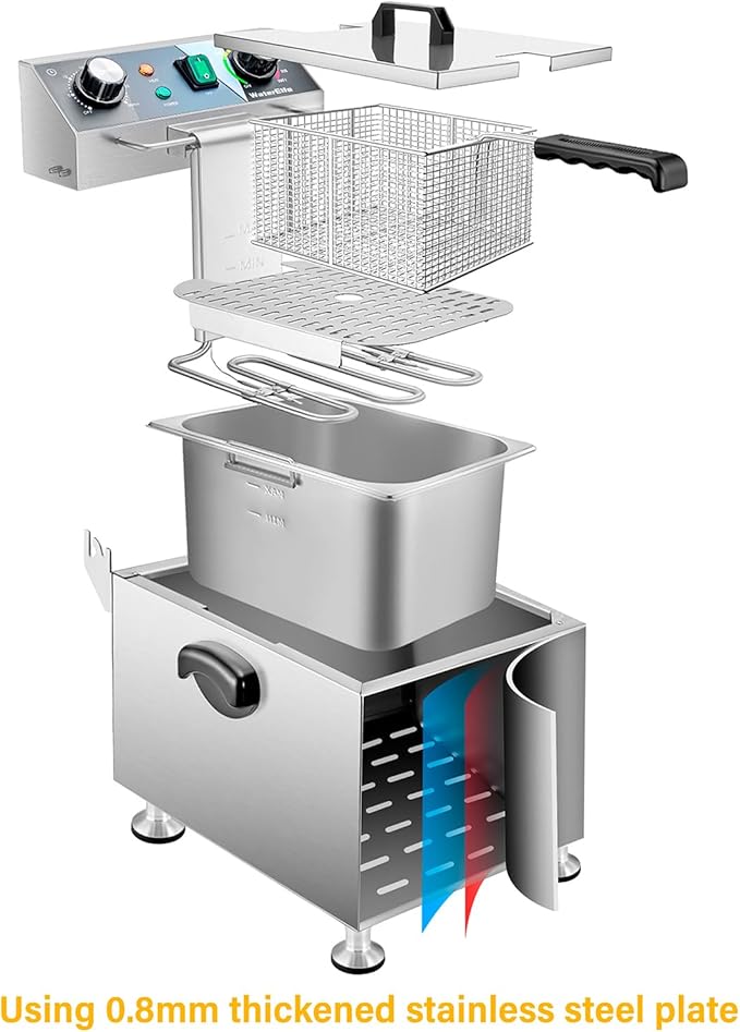 WaterElfo Electric Deep Fryer - 13L 13.7QT Commercial Deep Fryer 1800W 120V18.7Pounds withTroperature Control and Timer Large Basket Fryer for Commercial and Domestic Kitchens