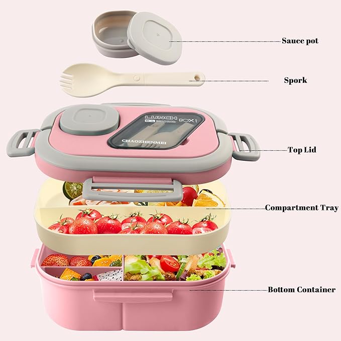 Adults Bento Lunch Box,Salad Container Large 43oz Salad Bowl, Bento-Style Tray for Toppings, 3oz Sauce Container for Dressings, and Built-In Reusable Fork (Pink)