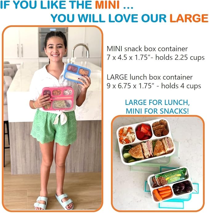 Small Snack Containers for Kids Toddlers - 3 Compartments (Set of 2) - Leak-Proof Reusable Boxes with Lids - BPA-Free Plastic Mini Bento Lunch Box - Ideal for School, Holds 2 Cups (Teal Blue+Orange)