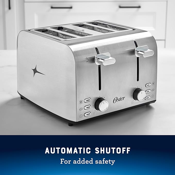 Oster 4 Slice Toaster, With 7 Browning Settings, Extra Wide Slots For Bagels and Special Breads, Removable Easy-to-Clean Crumb Tray, Cancel/Defrost/Bagel, Stainless Steel