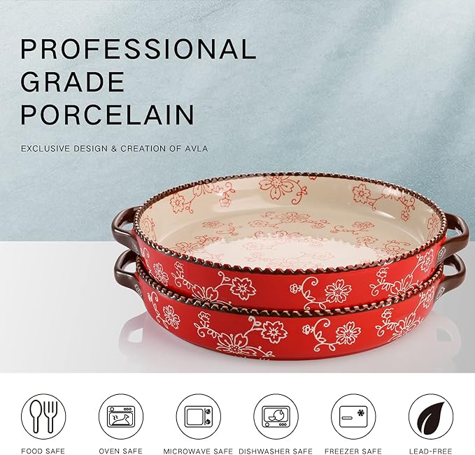 AVLA 2 Pack Ceramic Pie Pan, 9 Inch Round Baking Dish with Double Handle, 28 Ounce Deep Quiche Plate for Kitchen, Cooking, Roasting Lasagna (Sakura, Red)