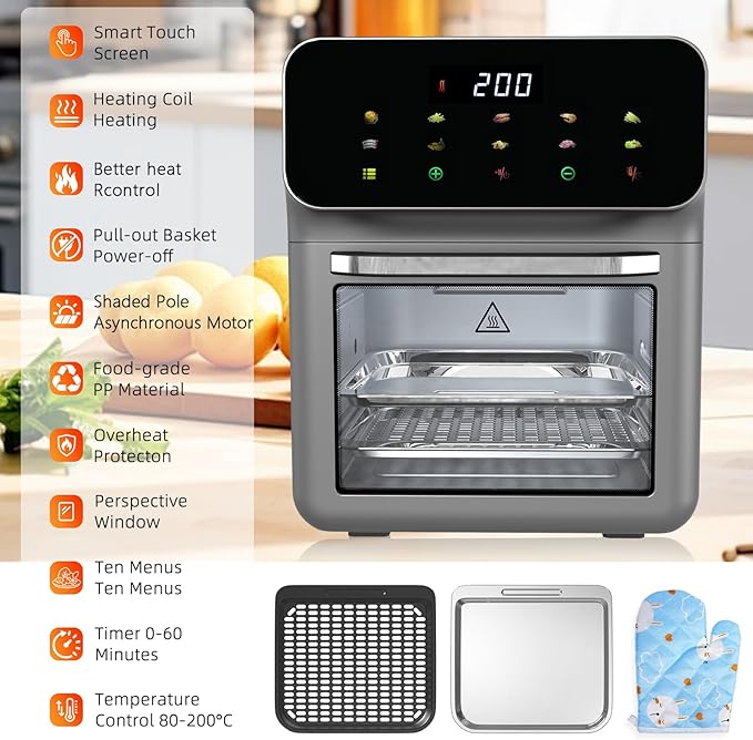 10 IN 1 Air Fryer Oven Combo, Countertop Convection Airfryer, Oven with Toaster Clear View Window for Family, 60-Minute Timer, Digital LED Touchscreen, Automatic Shut-Off, Stainless Steel