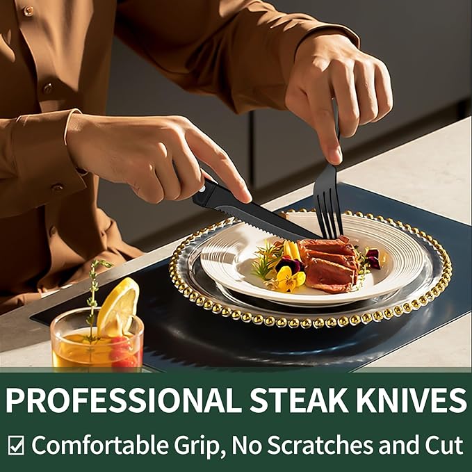 EWFEN 24-Piece Black Silverware Set with Steak Knives, Black Flatware Set for 4, Food-Grade Stainless Steel Tableware Cutlery Set, Mirror Finished Utensil Sets for Home Restaurant, Long Edge