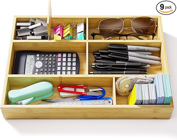 Bamboo Drawer Organizer with 9 Adjustable Compartments, Office Desk Organization Tray for Office Utensils, Supplies, Makeup, Jewelry, and More – Ideal for Desk or Drawer Storage