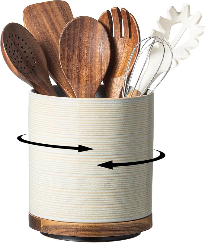 Utensil Holder, 360° Rotating Extra Large Ceramic Kitchen Utensil Holder for Countertop, 7.3" Cooking Utensil Crocks with Rotatable Wooden Base, Farmhouse Decor, Dusty Green