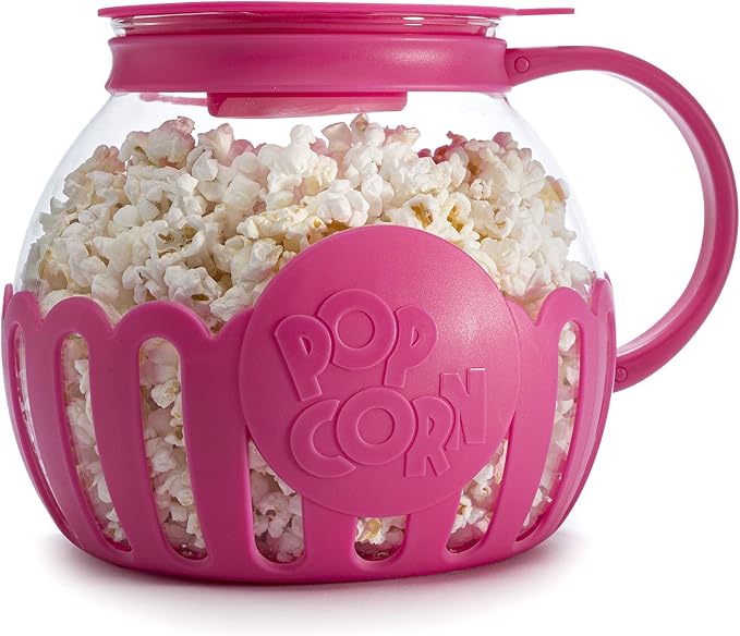 Ecolution Patented Micro-Pop Microwave Popcorn Popper with Temperature Safe Glass, 3-in-1 Lid Measures Kernels and Melts Butter, Made Without BPA, Dishwasher Safe, 3-Quart, Hot Pink