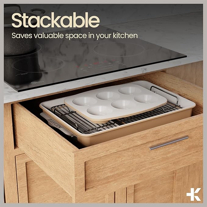 Bakken 8-Piece Stackable Bakeware Set - Ceramic Non-Stick Coating, Baking Sheets, Assorted Baking Pans, PTFE, PFOA & PFOS Free - Healthy Baking, Ergonomic Handles, Cooling Rack, Non-Toxic, Oven-Safe