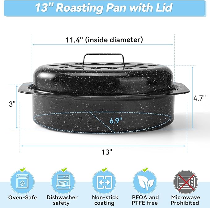 13" Roasting Pans for Ovens Porcelain Enameled Steel Oval Roaster Pan with Domed Lid for Small Turkey, Chicken, Vegetable, Lamb, Sourdough Bread